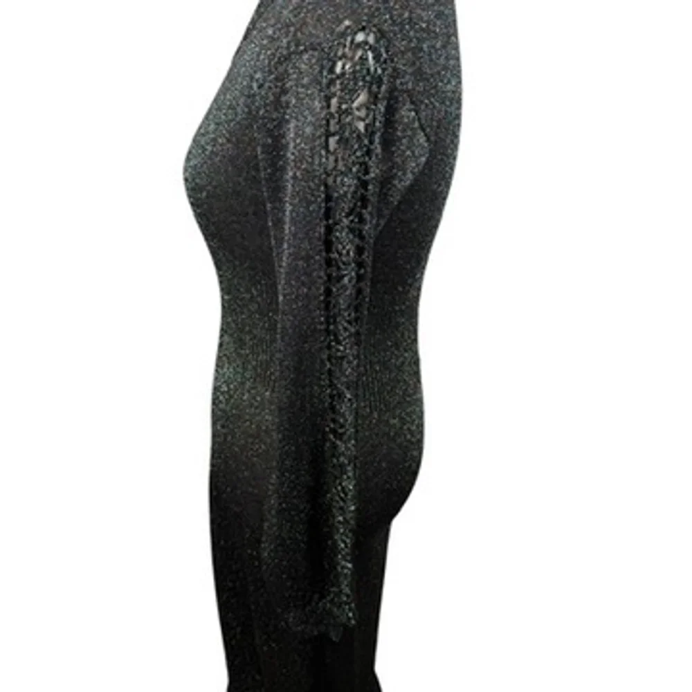 Vintage Black Metallic Shimmer Maxi Bodycon Dress Stretch Crochet Size S/M - Picture 6 of 14